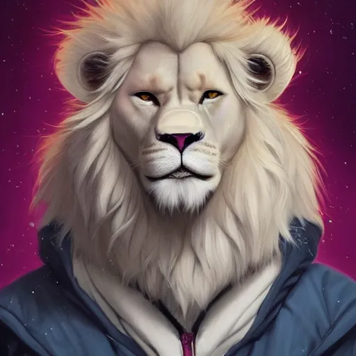 Image similar to aesthetic portrait commission of a albino male furry anthro lion with a tv for head displaying lions face while wearing a vaporwave stylized attractive masculine pastel winter outfit, winter Atmosphere. Character design by charlie bowater, ross tran, artgerm, and makoto shinkai, detailed, inked, western comic book art, 2021 award winning painting