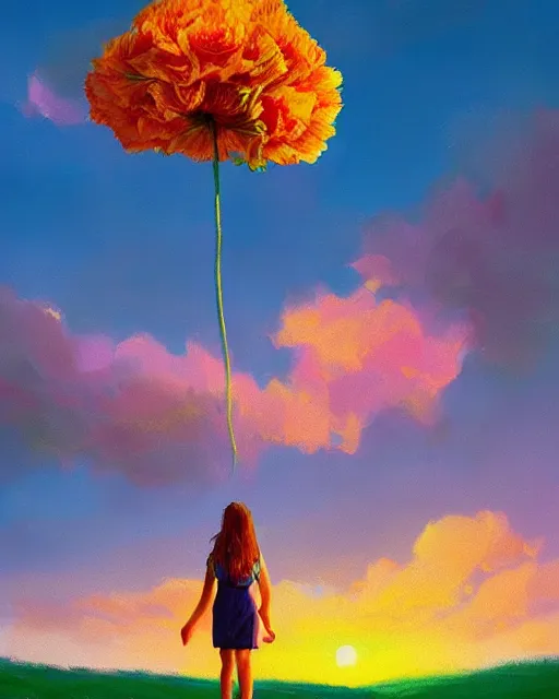 Image similar to girl with a giant carnation head, surreal photography, flower field, sunset dramatic light, impressionist painting, colorful clouds, blue sky, digital painting, artstation, simon stalenhag