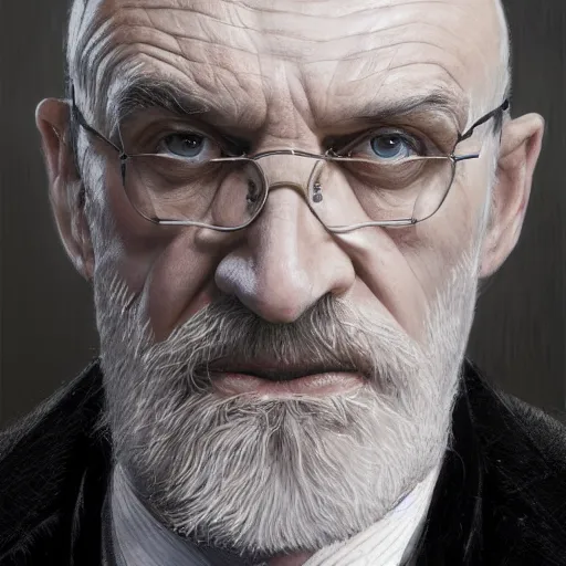 Prompt: close-up, symmetrical, portrait of an old man, hairstyle bald, wearing a suit, marvel art, art by greg rutkowski, matte painting, trending on artstation