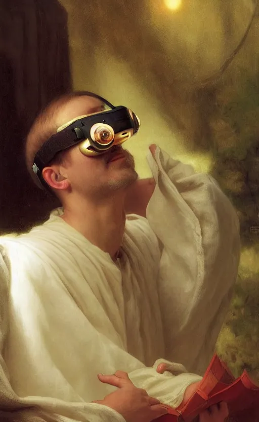 Image similar to a 1 4 th century monk using a vr headset by pierre auguste cot and delphin enjolras and daniel f. gerhartz