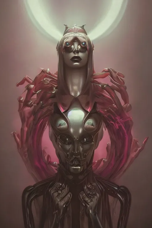 Image similar to a dramatic lighting photo of an elegant alien queen, vaporwave colors, goth vibe, kawaii vibe, moody aesthetic, artgerm, tom bagshaw, gerald brom,