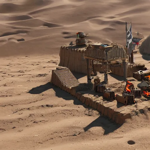 Image similar to 1:16 scale miniature diorama of Warhammer 4K space@marines building a sandcastle in the desert, 3D rendered, unreal engine