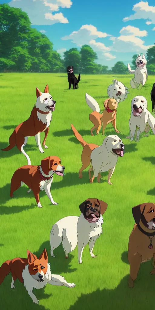 Image similar to a group of dogs playing in a field, studio ghibli style lighting, highly detailed, trending on artstation.