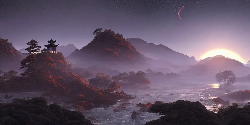 Prompt: masterpiece digital painting of a large landscape, with a chinese temple, streams and rocks, moon disc, stars in the sky, at dawn, emerging sun and hills on the horizon some light fog by wlop and sandara, 8 k, unreal engine, trending on artstation, more dark purple color scheme, cinematic lights, fireflies