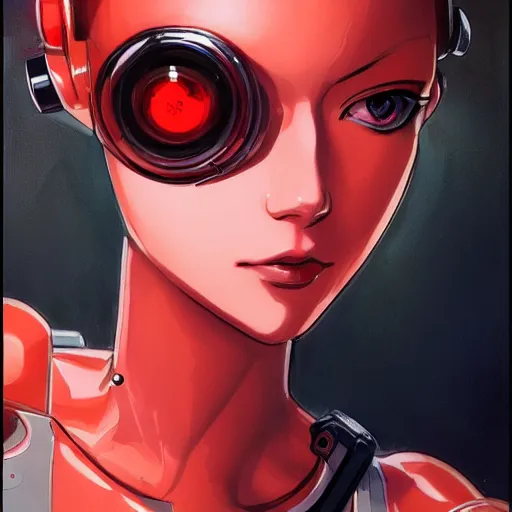 Image similar to A beautiful cyborg woman with big and cute eyes || VERY ANIME, fine-face, red and black robotic parts, realistic shaded perfect face, fine details. Anime. realistic shaded lighting poster by Ilya Kuvshinov katsuhiro otomo ghost-in-the-shell, magali villeneuve, artgerm, Jeremy Lipkin and Michael Garmash, Rob Rey and Kentarõ Miura style, trending on art station