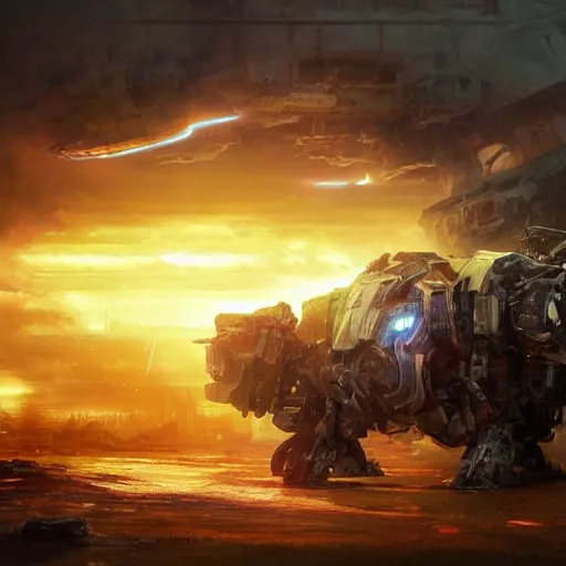 Image similar to portrait of timberwolf battlemech on fire, battle damage, sunset glow around head, full body portrait, intricate, elegant, highly detailed, digital painting, artstation, concept art, smooth, sharp focus, illustration ,sunset, dramatic lighting by Marc Adamus art by artgerm and greg rutkowski and alphonse mucha, background is a city in ruins