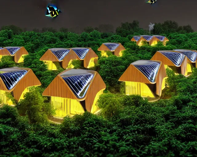 Image similar to connected ecovillage houses with solrarroofs, very big bees flying around - plant goddess high quality photo, microchip, artificial intelligence, bio - mechanical bio - luminescence, black wired cables, neurons, nerve cells, cinematic, rim light, photo - realistic, elegant, high detail, 8 k, masterpiece, high fashion, in the style of man ray