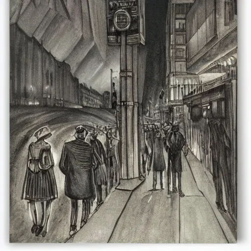 Image similar to a some people waiting in a lone bus stop in quiet dark city night, high quality, high resolution,detailed, by otto dix