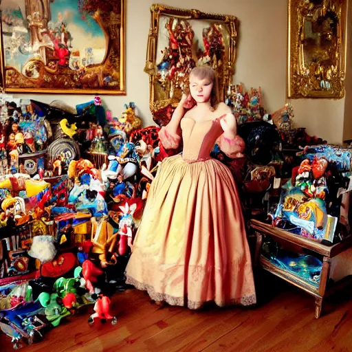 Image similar to young lady in baroque dresses, standing in the middle of the room full of toys. Keith Giffen