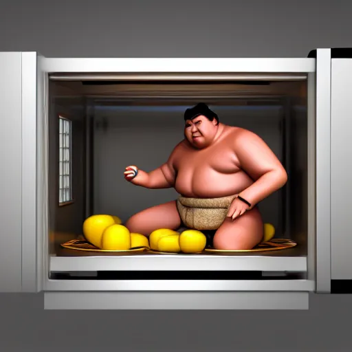 Image similar to 3 d render of a sumo wrestler trapped inside of a microwave