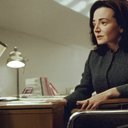 Prompt: Movie still of Sheryl Sandberg in her modern office in The Doomsday Machine, directed by Steven Spielberg, establishing shot
