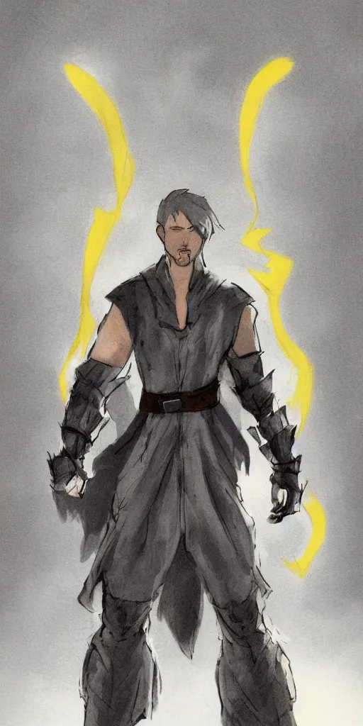 Image similar to Photo of the character with pale ash-colored skin, yellow cat-eye, black thick hair with a touch of gray to the shoulders, with neat stubble, similar to a small beard and with a strong build. He wore a plain old shirt, with a light leather armor over it, and leather pants with a belt, and a floor-length hooded cloak over his back, beautiful light, cinematic, sharp focus, digital art, full body, elegant, highly detailed, 8k, photorealism
