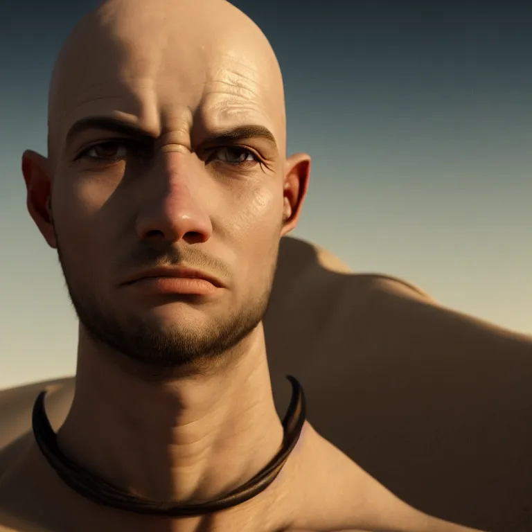 Prompt: closeup portrait of young bald muscle white man in white desert at night, dune, dark baroque portrait painting, beautiful detailed intricate insanely detailed octane render trending on Artstation, 8K artistic photography, photorealistic, chiaroscuro, Raphael, Caravaggio