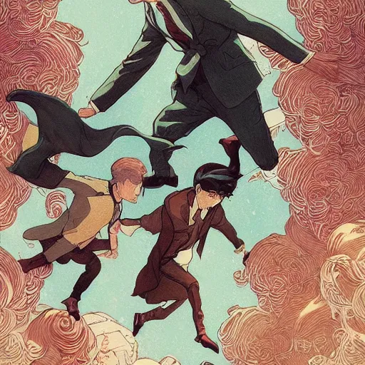 Image similar to a drawing of two men running frantically together, a poster by victo ngai and krenz cushart, pixiv contest winner, art nouveau, official art, wiccan. detailed. beautiful.