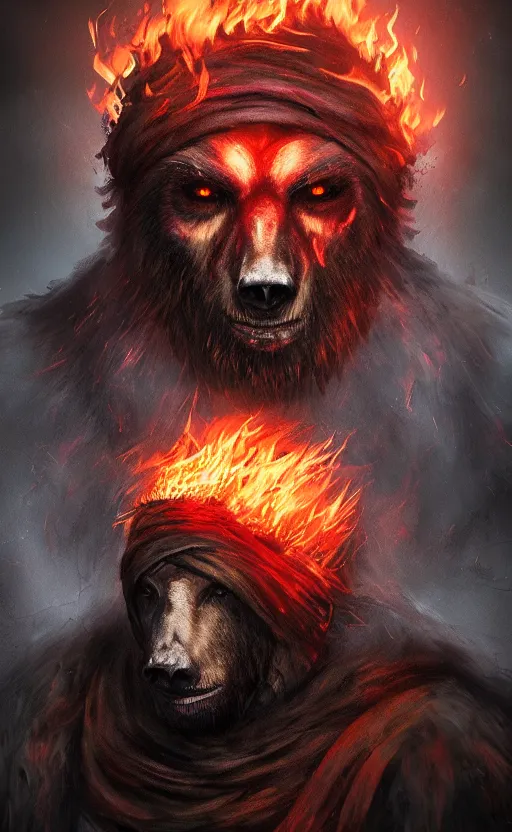 Image similar to Portrait of a bear beast-man wearing a turban with fire in his eyes wear, bloodborne concept art, trending on Artstation, photorealistic image, 8k.