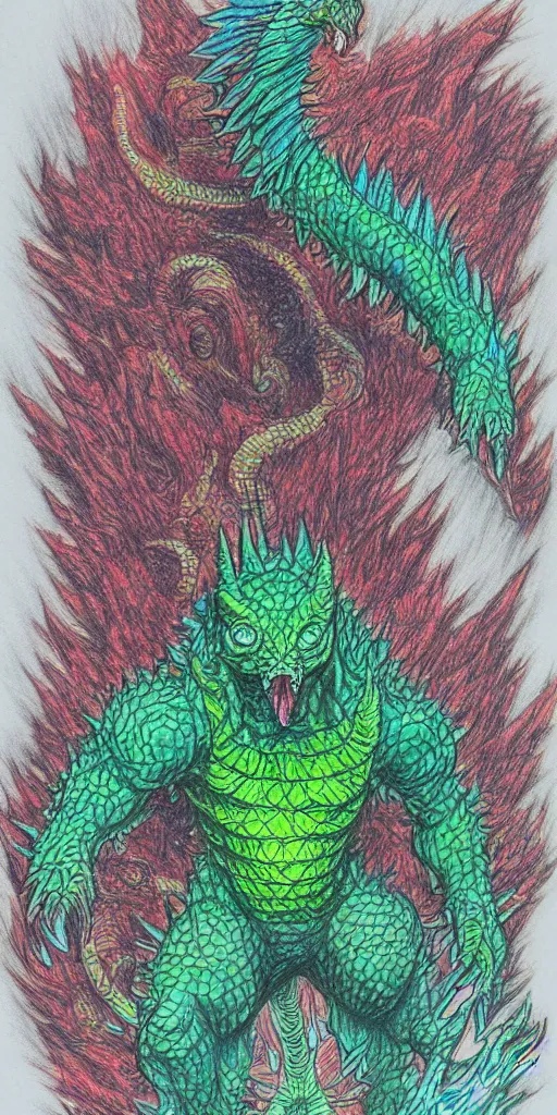 Image similar to a kaiju figurine super detailed colored pencil drawing with fluo colors