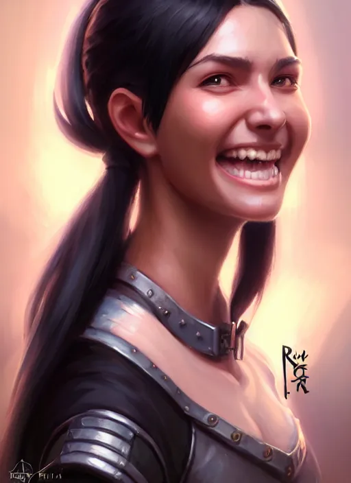 Image similar to a _ fantasy _ style _ portrait _ painting _ of woman, ponytail black hair, smile, round face, engineer rpg dnd oil _ painting _ unreal _ 5 _ daz. _ rpg _ portrait _ extremely _ detailed _ artgerm _ greg _ rutkowski _ greg