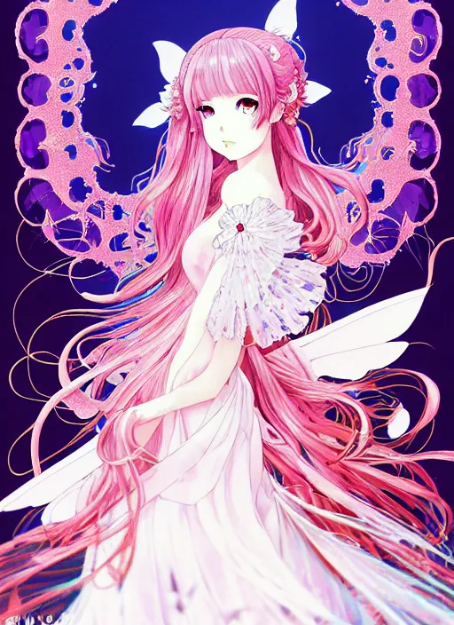 Image similar to exquisite imaginative manga poster of a fairy princess, fate grand order, long wavy hair, rococo ruffles dress, shimmering, by shigenori soejima, minaba hideo, katsuhiro otomo, jump comics, illustration, artstation, pixiv, dark fantastic, highly detailed, 8 k, fluorescent, fluorescent, maximalist