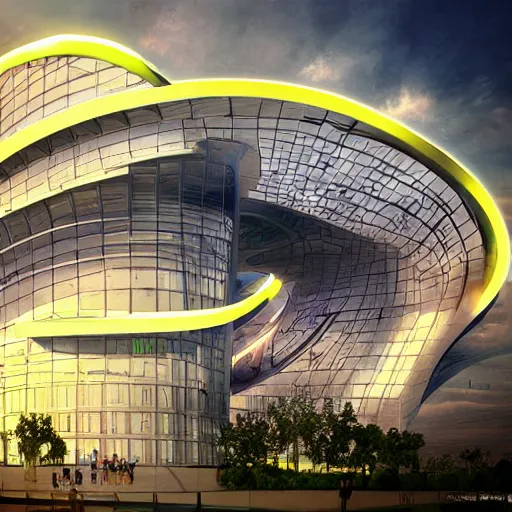 Prompt: Treble clef shaped building, modern, neon, futuristic, hyper realistic, trending on artstation, highly detailed, 8K IMAX, beautiful, digital art