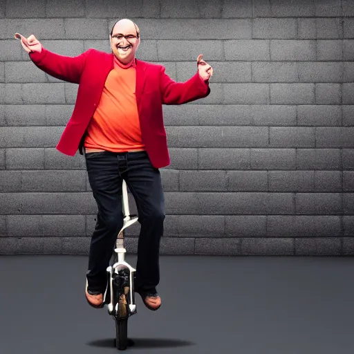 Image similar to george costanza riding a unicycle and juggling, joyful smile on face, spotlight lighting, professional photograph, 4 k