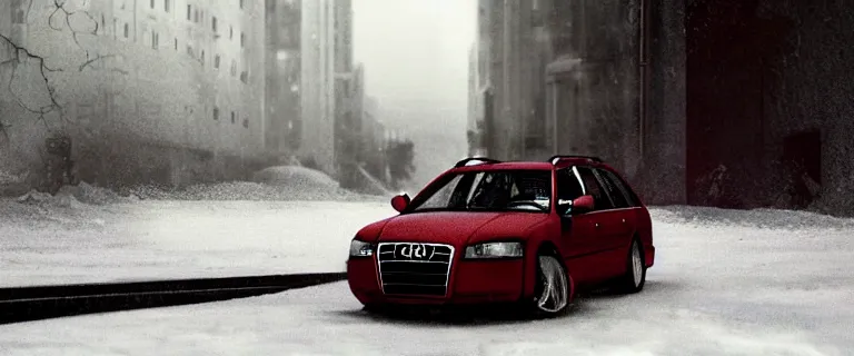 Image similar to Audi A4 B6 Avant (2002), eldritch horror anomaly, a gritty neo-noir, dramatic lighting, cinematic, eerie person, death, homicide, homicide in the snow, gunshots, establishing shot, extremely high detail, photorealistic, red fog, chaos, arson, burning city, cinematic lighting, artstation, by simon stalenhag, Max Payne (PC) (2001) winter New York at night, In the style of Max Payne 1 graphic novel, flashing lights, Poets of the Fall - Late Goodbye