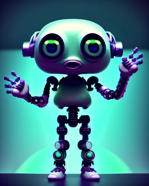 Prompt: a tiny cute technopunk cyborg with big eyes smiling waving, back view, isometric 3 d, ultra hd, character design by mark ryden pixar hayao miyazaki, unreal 5, daz, hyperrealistic, octane render, cosplay, rpg portrait, dynamic lighting, intricate detail, summer vibrancy, cinematic, symmetrically isometrically centered