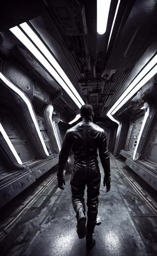 Image similar to hyper - realistic grungy spaceship interior corridor, hyper - detail, an attractive athletic black man wearing a black leather jumpsuit, running, holds a blaster, futuristic space western aesthetic, cinematic composition, cinematic colors, 3 5 mm film, roger deakins style, realistic film, no signature, 8 k