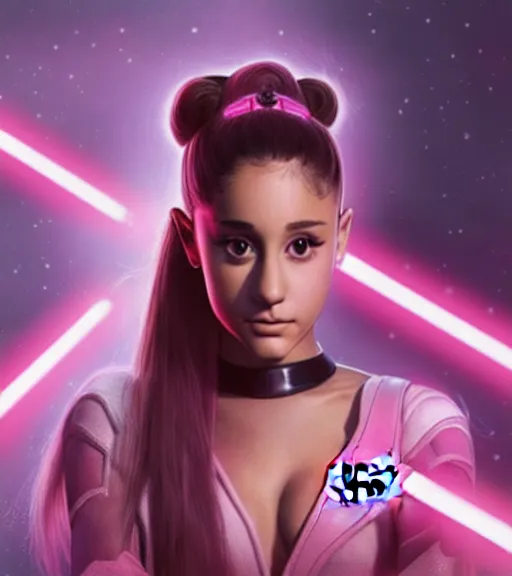 Image similar to A hyper realistic photo of Ariana Grande in the Star Wars universe with two pink lightsabers held in each hand. Maximum detail on artstation, photo realism