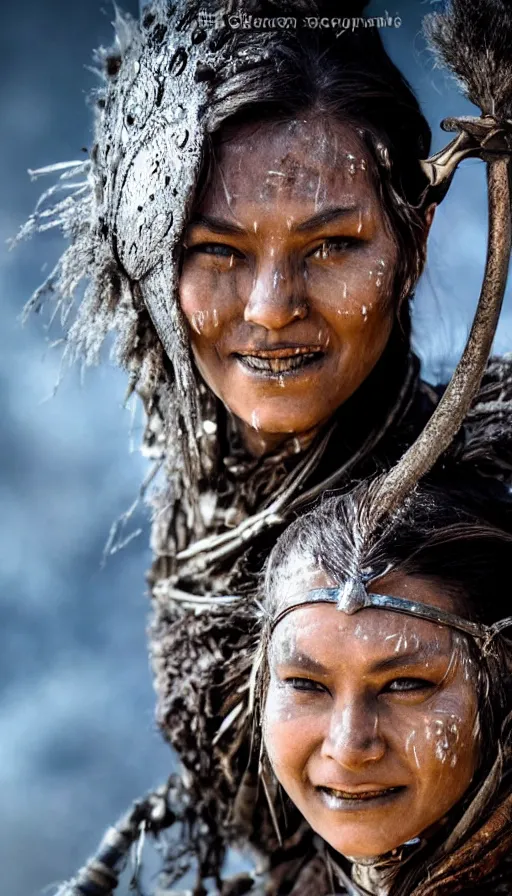 Prompt: sweated smiling beautiful ancient princess tribeswoman in fighting rage, partially destroyed armor inspired monster hunter, low shot camera, muscular, symmetrical face, clean face, subtle make up, debris and arrows flies around her, frozen time effect,dramatic lighting, cinematic, establishing shot, extremely high detail, photorealistic, 300 the movie,monster hunter the movie, dune the movie, cinematic lighting, artstation, octane render, western,old photo, vintage