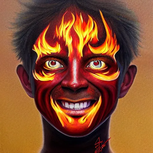 Prompt: a hyper realistic painting of a young fire - man, all face covered with a fire, coherent symmetrical eyes, cunning smile, by jeffrey smith, by andrea kowch, by steve henderson
