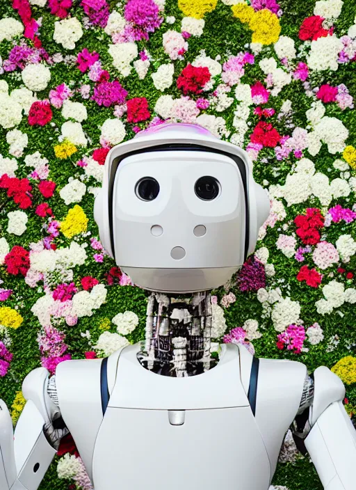 Image similar to a portrait photograph of a robot head in front of a wall of flowers designed by Balenciaga, 35mm, pentax, studio