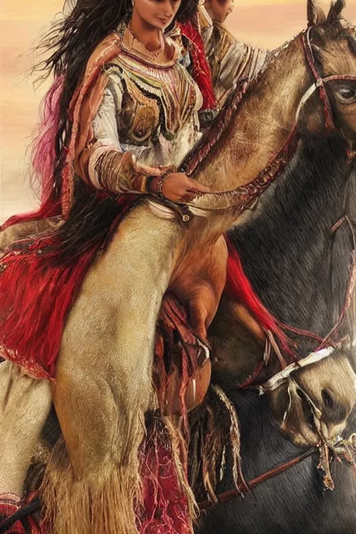 Image similar to hyperrealistic pictures from middle eastern woman ride horse, super highly detail