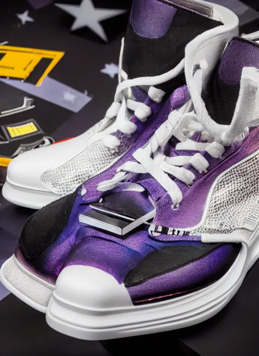 Image similar to hyperrealistic and heavy detailed product photo off white avant garde shoe of thanos ( marvel comics ), in front of white back drop, whole shoe is in picture, leica sl 2 5 0 mm, vivid color, high quality, high textured, real life