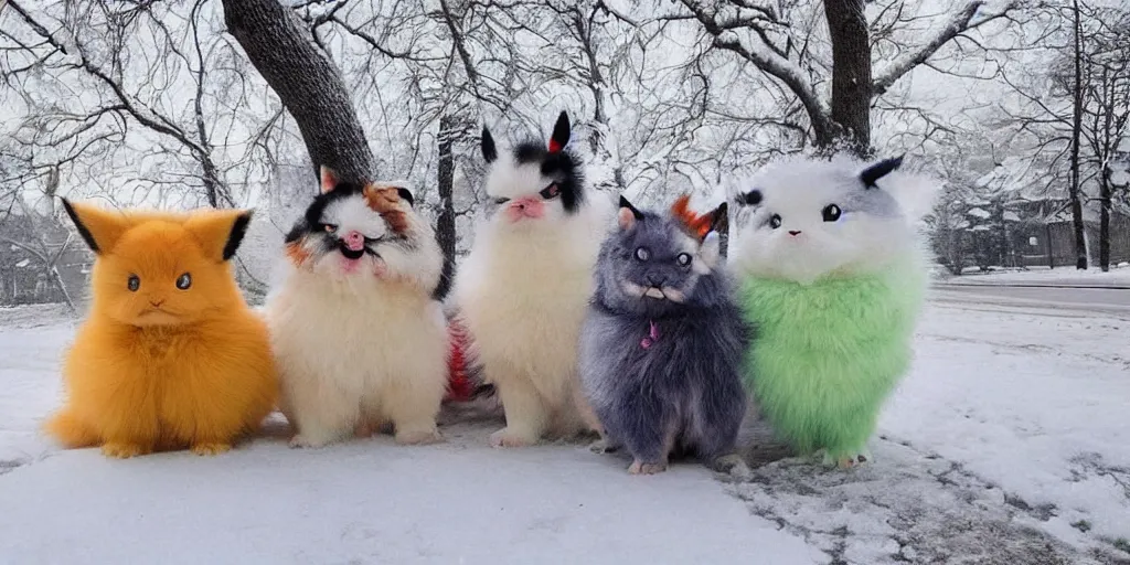 Image similar to real life pokemons, cute!!!, content!!!, mischievous!!!, adorable!!!, fluffy!!!, ultra realistic!!!, winter, blanket of snow, 4 0 0 0 kelvin, golden hour, sharp focus