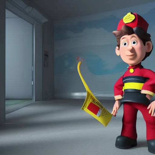 Image similar to sam from fireman sam as a real world character, octane render, volumetric light,