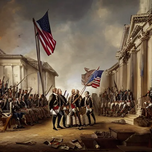 Image similar to founding fathers of america getting raided by swat, highly detailed painting, 4 k resolution photorealistic, high resolution, vray, hdr, hyper detailed, insane details, intricate, elite, ornate, elegant, luxury, dramatic lighting, octane render, weta digital, micro details, 3 d sculpture