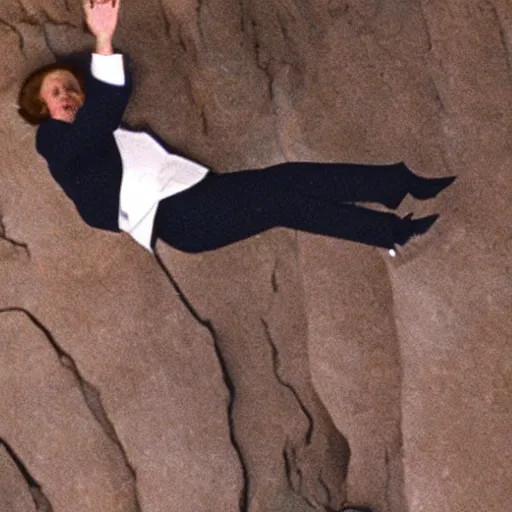 Image similar to margaret thatcher falling from a cliff