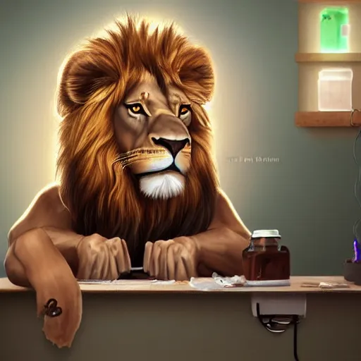 Image similar to A nervous lion getting a haircut, artstation, digital 2d,