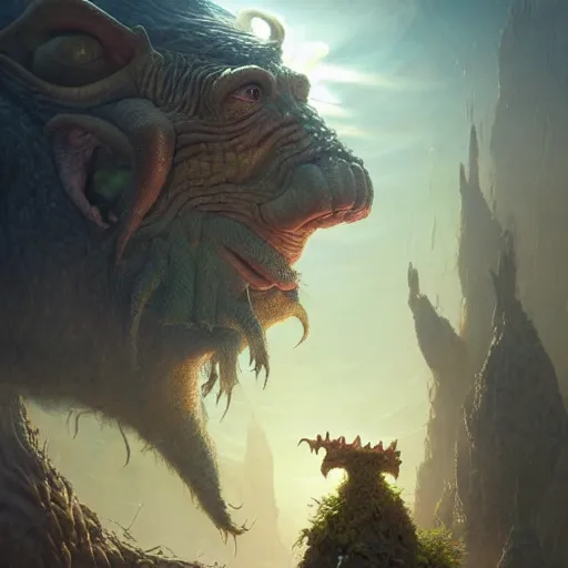 Image similar to a hyperrealistic illustration of a mix of an oger and giant and goblin, 8 k ultra realistic creature, detailed intricate, with fractal sunlight, award - winning, masterpiece, in the style of tom bagshaw, cedric peyravernay, peter mohrbacher