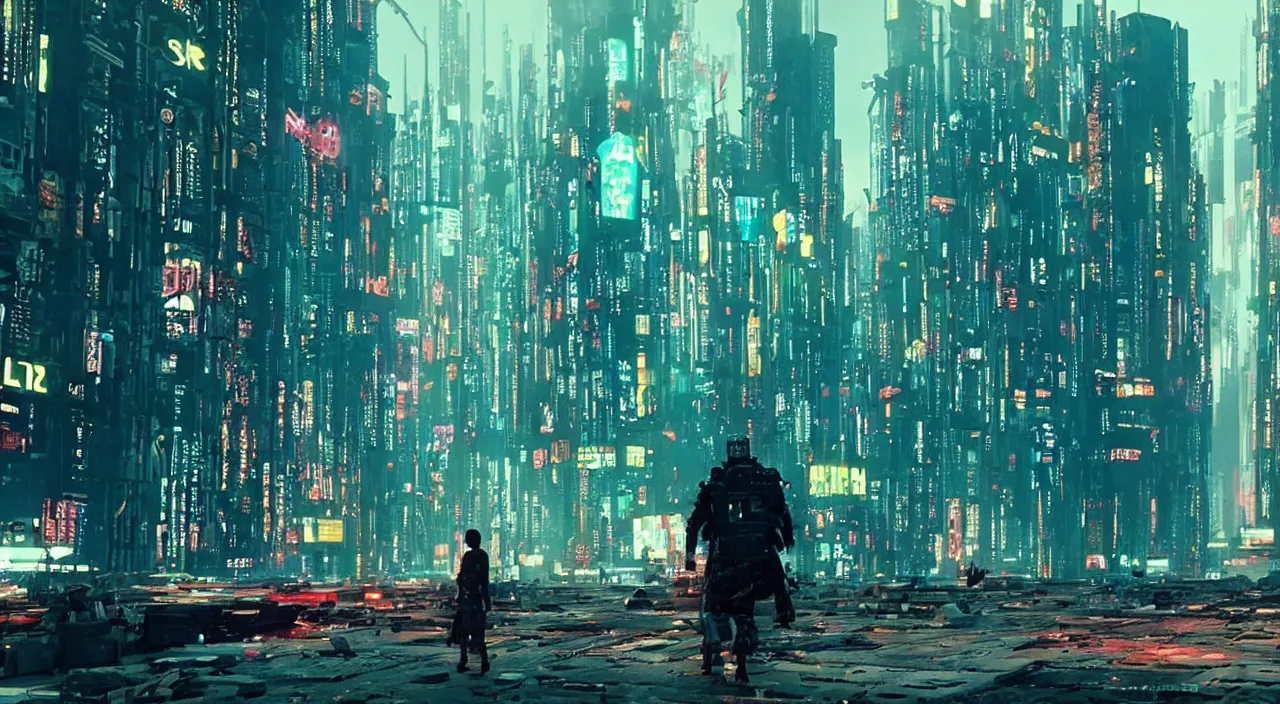 Prompt: film still of a cyberpunk dystopia by emmanuel lubezki, depth of field, vibrant colors