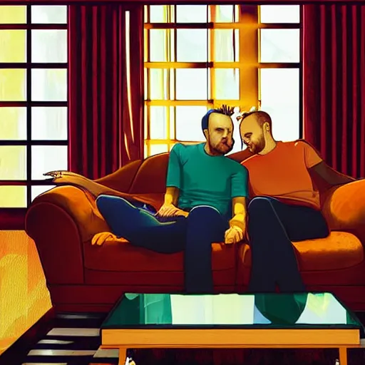 Image similar to a digital art of jessie pinkman and jessie pinkman, sitting on two sofas, watching tv, holding hands, back to the camera, storybook art, detailed, profile shot, featured on artstation