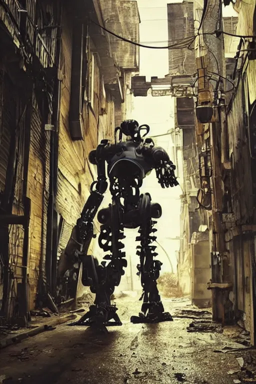 Prompt: a mech like robot with treads swinging a samurai sword. Grungy cyberpunk alleyways in the background Badass pose , Photo realistic , Gregory Crewdson , Award winning. Masterpiece, exquisite detail, post processing