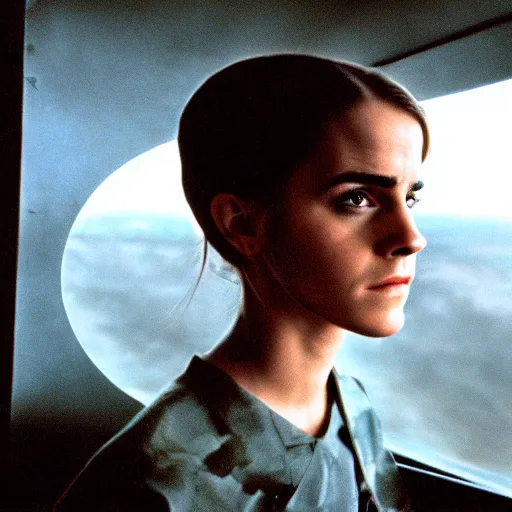 Image similar to film still, extreme far view, emma watson vietnam door gunner, film still from apocalypse now ( 1 9 7 9 ), 2 6 mm, kodak ektachrome, blue tint expired film,