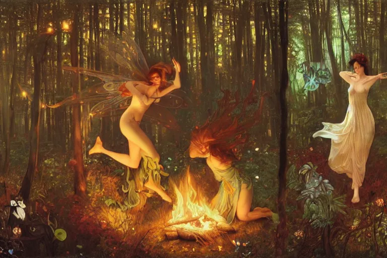 Image similar to dance of fairies around a fire in a forest at night, glowing, painting, muted colors, magical, by peter mohrbacher, by james gurney, by klimt, by alphonse mucha, by john william waterhouse