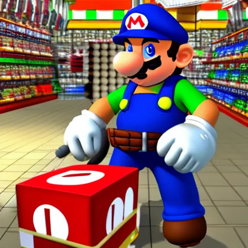 Image similar to mario in 3 d style working at a real life store
