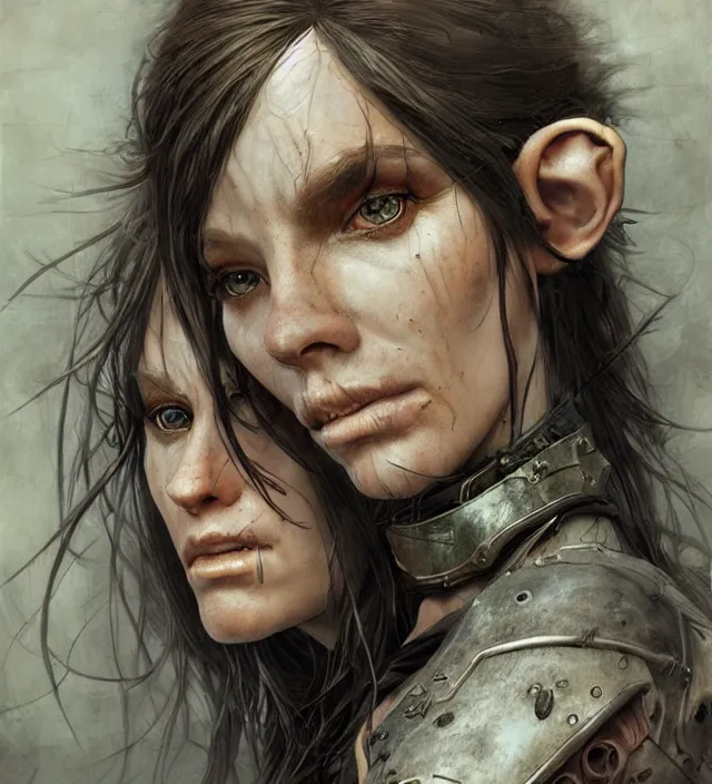 Image similar to hyper realistic portrait of postapocalyptic elf woman, cinematic, symmetrical face, dark crystal, artstation, cgsociety, alan lee, brian froud jean baptiste monge, scott radke