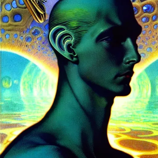 Image similar to realistic extremely detailed portrait painting of a glowing male silhouette, futuristic sci-fi landscape on background by Jean Delville, Amano, Yves Tanguy, Alphonse Mucha, Ernst Haeckel, Edward Robert Hughes, Roger Dean, rich moody colours, blue eyes