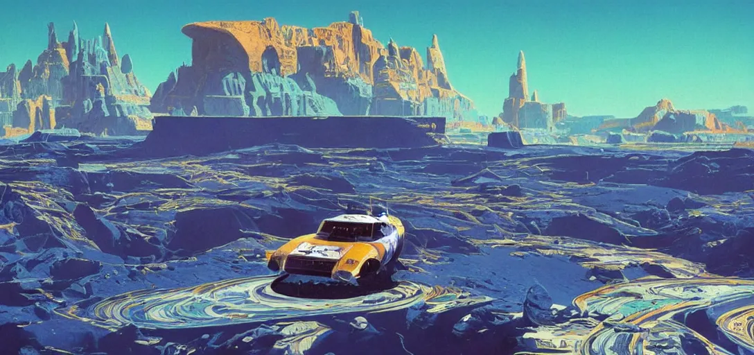 Prompt: a blue desert with distant mountains, by chris foss, syd mead, ralph mcquarie, art station, high detail, award winning, psychedelic and glittering, cinematic composistion