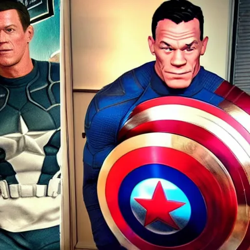 Image similar to John cena drinking a cup of coffee with captain america in marvel universe, as a Fortnite character, cinematic, detailed