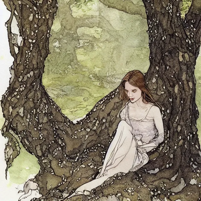 Prompt: a detailed, intricate watercolor and ink portrait illustration with fine lines, of a lovely, pretty, young alicia vikander with a detailed face in a dress sitting on the mossy ground reading under a gnarled tree, by arthur rackham and edmund dulac and mucha
